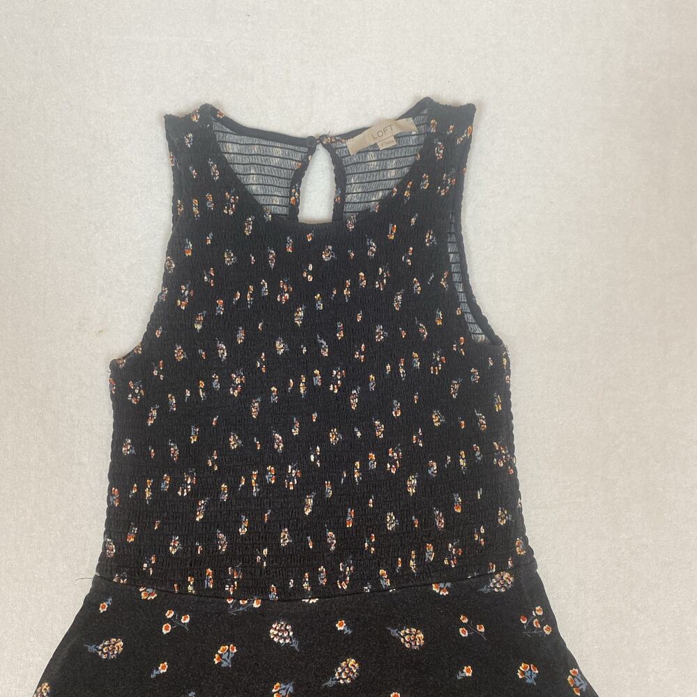 Loft Smocked Bodice Flare Boho Cottagecore Rayon Black Floral Dress Size 2 - Picture 3 of 6